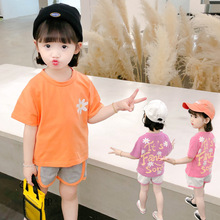 夏季新款韓版0-4歲寶寶純色圓領T恤短袖短褲兩件童套裝批發