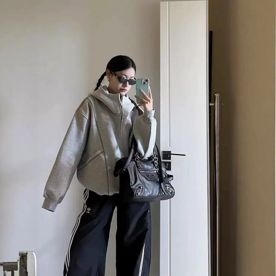 灰色卫衣外套女秋新款连帽美式慵懒风上衣宽松早秋季廓形重磅卫衣