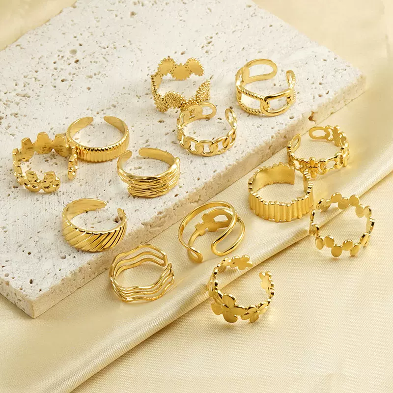 欧美时尚跨境不锈钢戒指女小众INS电镀18k金色开口可调节指环饰品