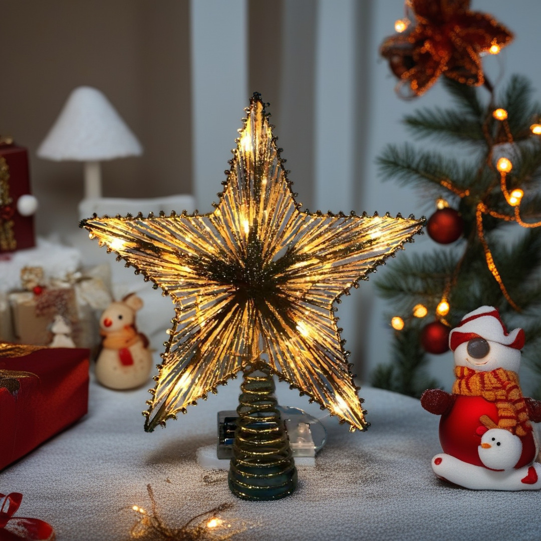 圣诞树顶星发光电池摆件灯棉线撒粉五角星商用布置圣诞节装饰品家