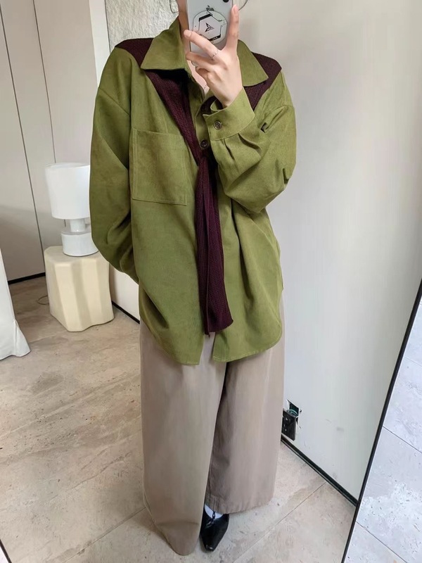秋冬款复古灯芯绒衬衫搭配围巾厚实绒面质感软糯宽松藏肉显瘦上衣|undefined
