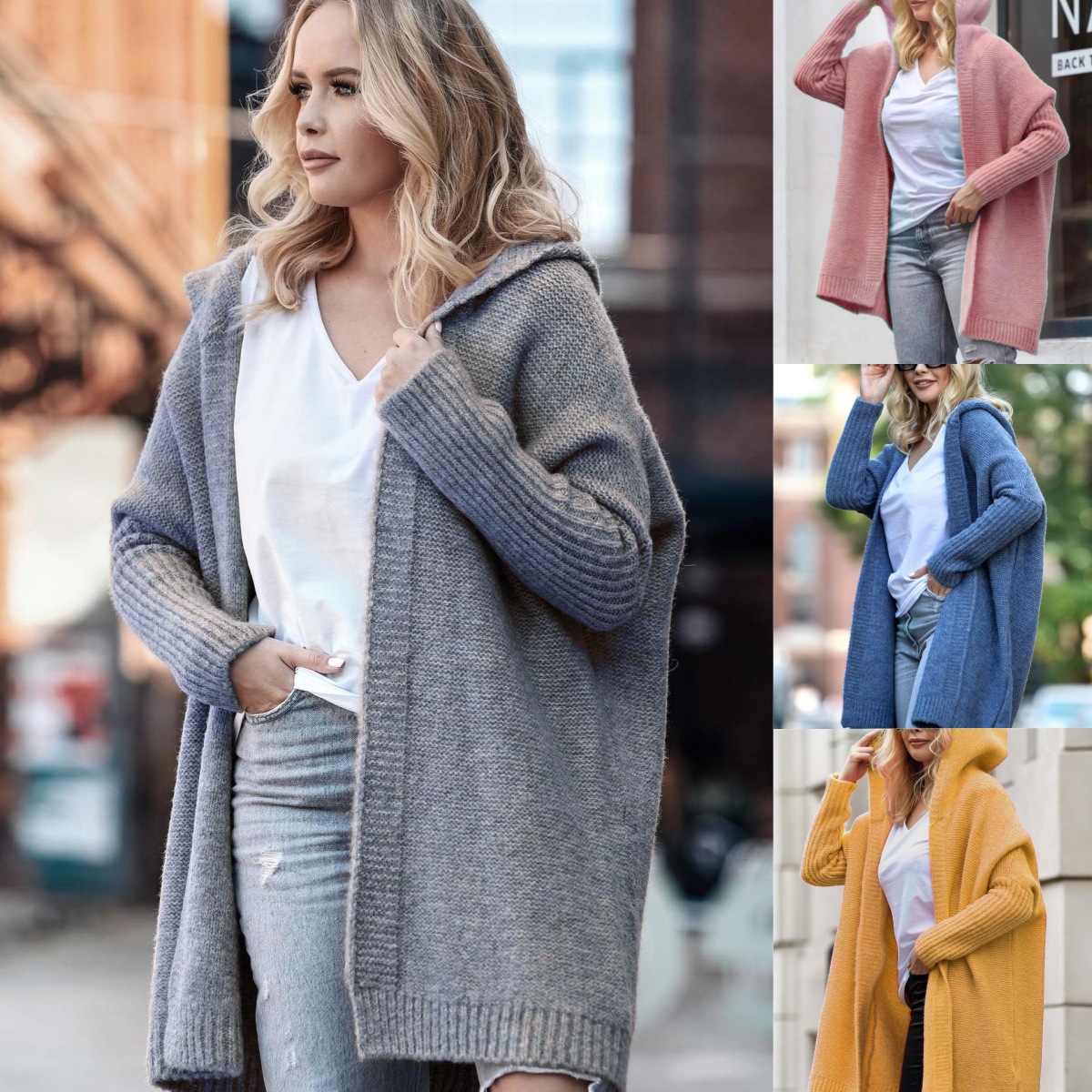 2024新款连帽针织衫帽领气质通勤蝙蝠宽松后背拼接跨境毛衣线衣