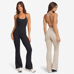 European and American Cross-Border Backless Nude Strap Yoga Jumpsuit High-Elastic Halter Fitness Sports Quick-Dry Jumpsuit Flared Pants