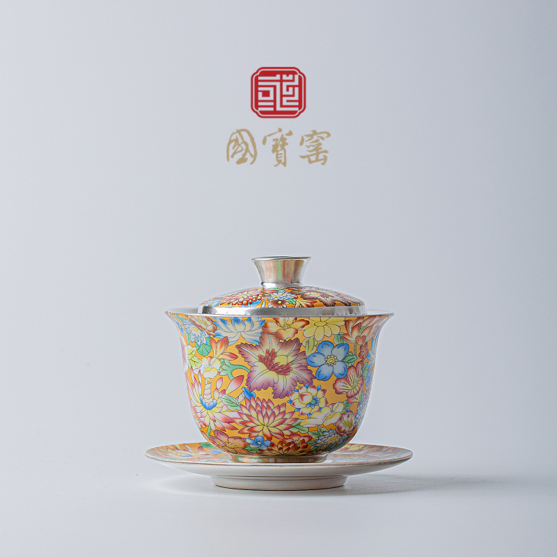 国宝窑鎏银珐琅彩三才盖碗陶瓷高档功夫茶具家用盖碗泡茶茶碗单个|undefined