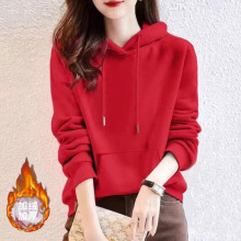 大红色连帽正肩卫衣女装秋冬加绒加绒保暖外套时尚口袋长袖上衣潮