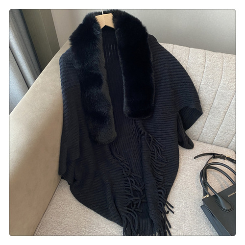 Shawl, cloak, coat, fashionable and elegant outer wear for women, loose autumn and winter Korean style new fur collar knitted cardigan