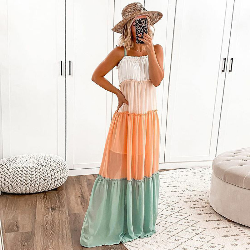 2020秋季外贸新款女装 ebay速卖通无袖吊带拼接色连衣裙长裙