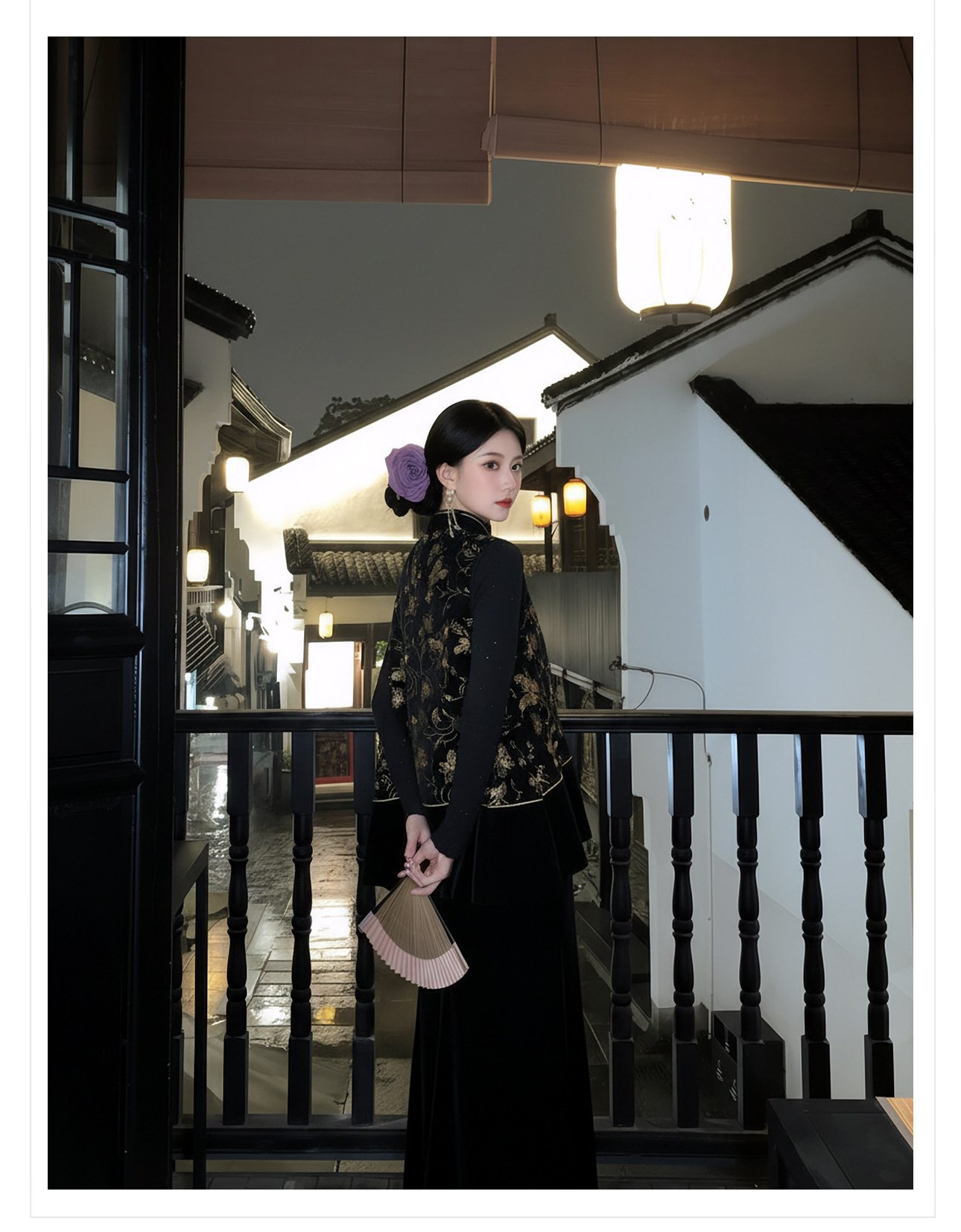 Bộ áo vest không tay thêu sequin đen vàng + chân váy nhung xẻ tà phong cách Trung Quốc mùa xuân hè — váy, áo vest chi tiết 15