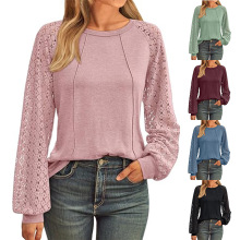 2025欧美外贸跨境女装亚马逊秋春新款蕾丝拼接圆领长袖T宽松衬衫
