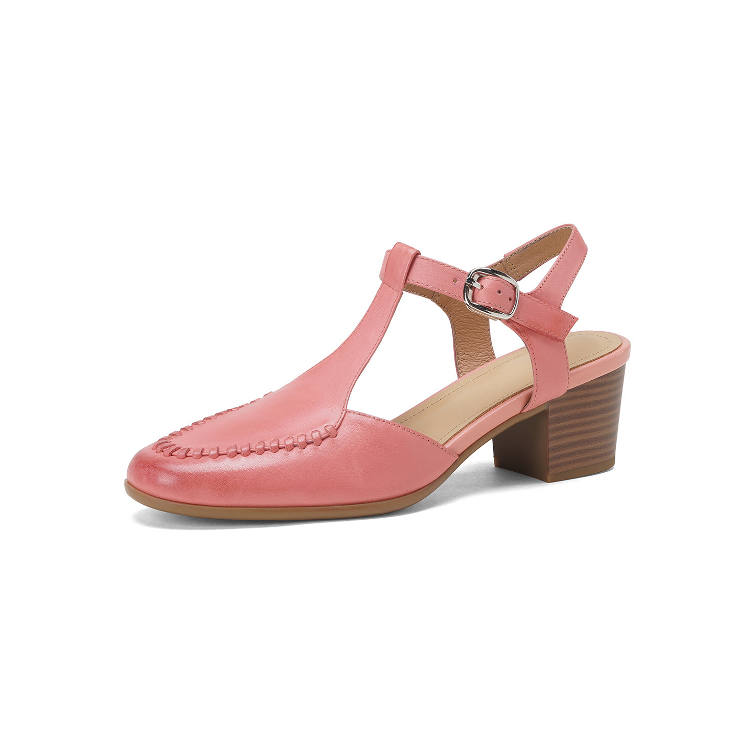 Sandal nữ mũi nhọn quai chữ T da bò gót 5 cm phong cách vintage — Màu hồng chi tiết 22