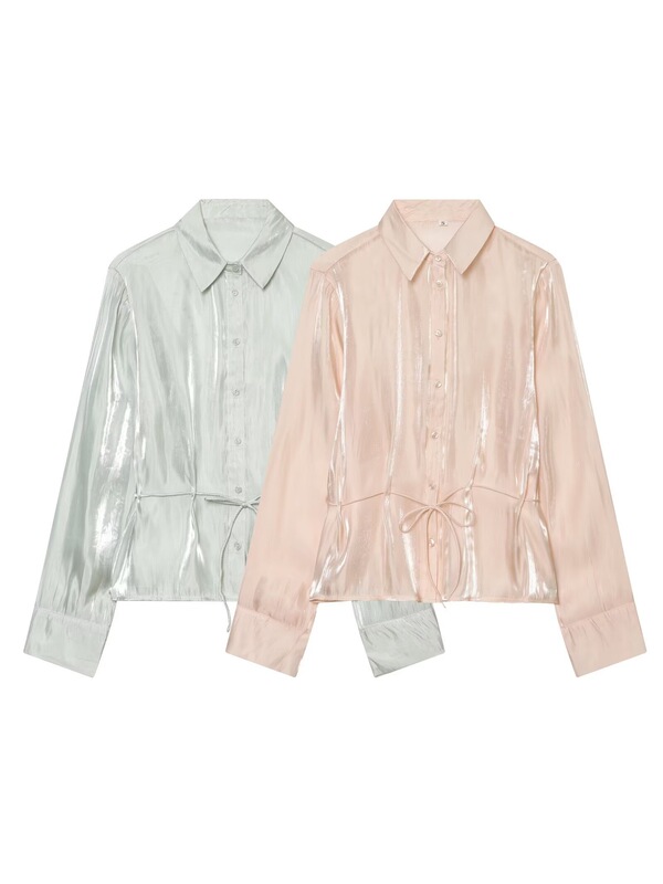 Z Brand Fashion Shirt with Metallic Effect Belt, Popular Cross-Border Item for Women's Clothing, European and American Style, Aliexpress, Lotus Color, Silver Gray, Za Z Brand Fashion Shirt with Metallic Effect Belt, Popular Cross-Border Item for Women's Clothing, European and American Style, Aliexpress, Lotus Color, Silver Gray, Za