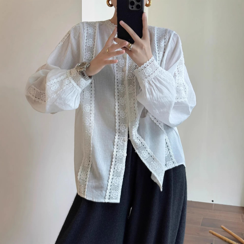 Reversible Shirt with White Lace, Women's Flowy Shirt, New Artistic Ramie Shirt, Korean Style, Early Spring New Model