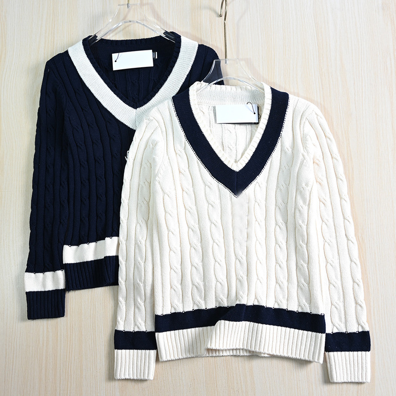 Siqi Women's Clothing 251/6 American Single Thick Needle Cotton Thread Cable Contrast Color V-Neck Pullover Slim Knitted Sweater