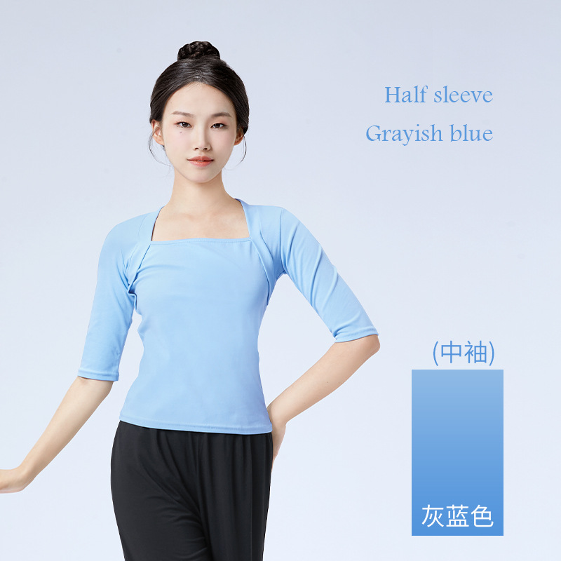 Ropa de práctica de danza para mujer, primavera y verano, ropa de danza moderna de media manga para profesora de ballet, top de imitación de dos piezas, venta al por mayor.