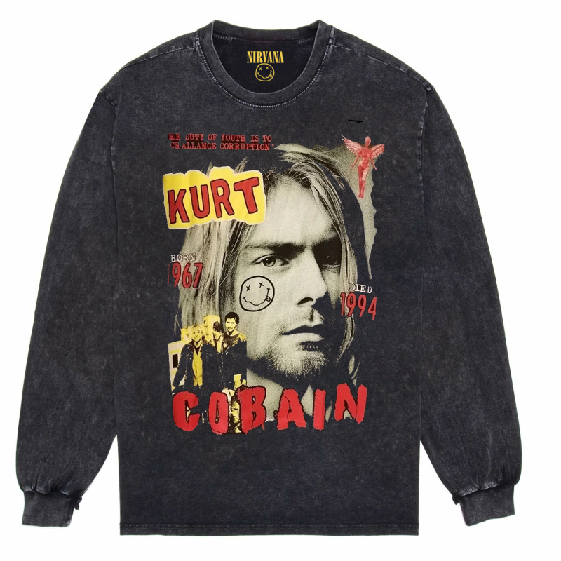 Nirvana Vintage American retro apenado rock punk angustiado lavado batik Camiseta de manga larga