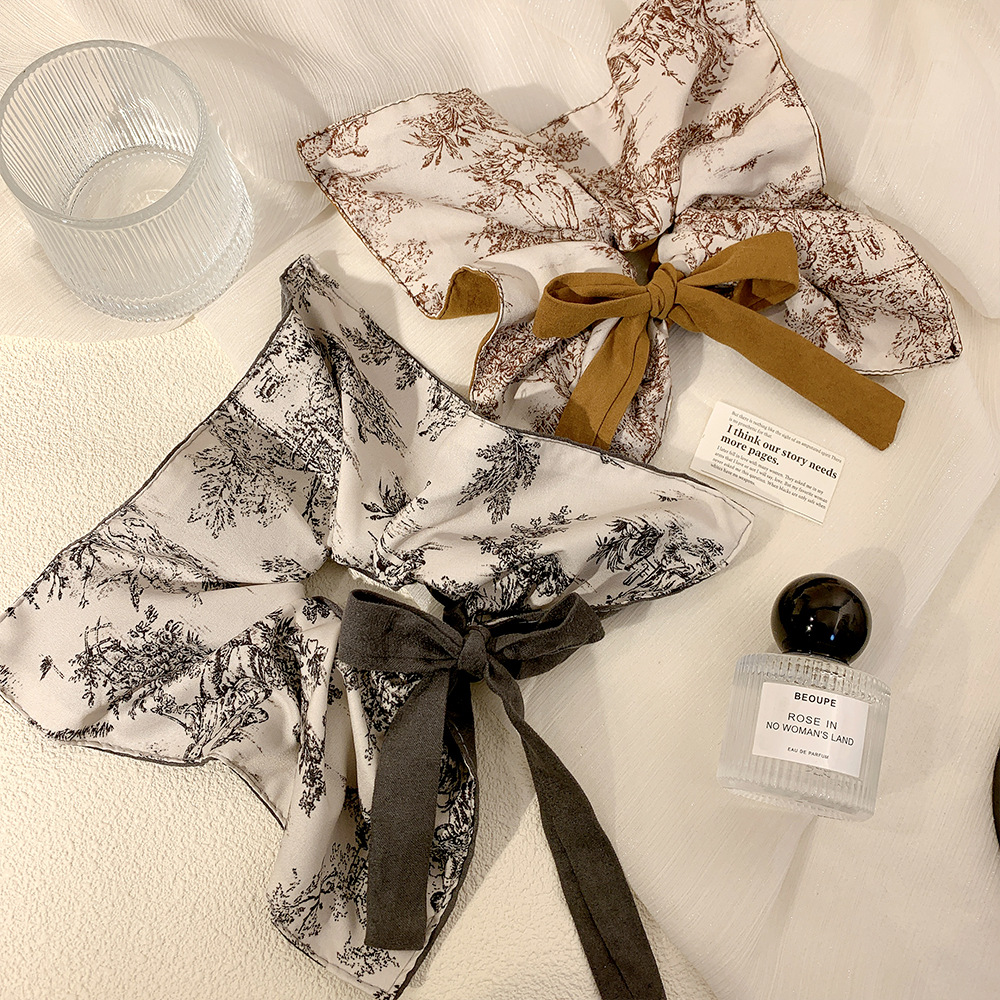 妙柏法式飄帶發圈小眾設計感水墨畫拼接絨面蝴蝶結方巾發繩髮飾