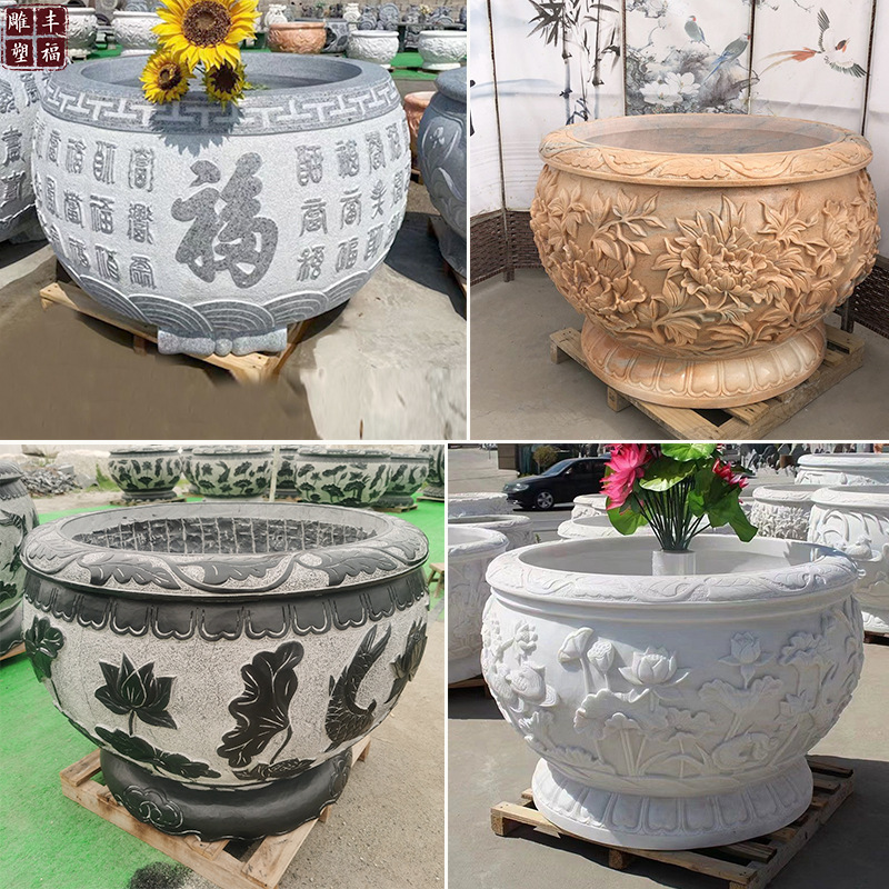 现货供应定制青石仿古石盆做旧石缸庭院户外石雕种植鱼缸室外摆件