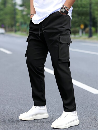 1PC Men'S Casual Cargo Pants, Solid Color Polyester