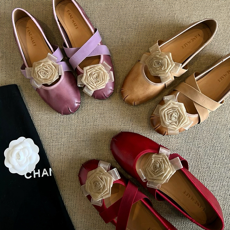 Rao Rao Wu Top Layer Cowhide Flower Cross Belt Color-polished Mary Jane Shoes Women's Flat Shallow Mouth Leather Ballet Shoes