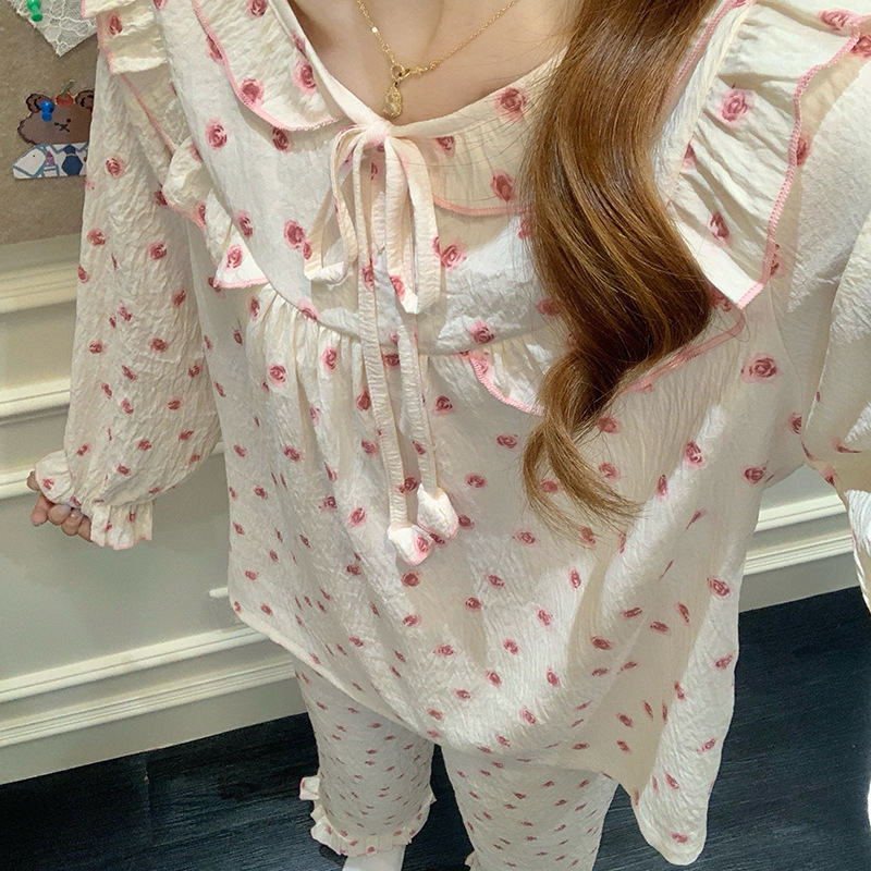 Cloud cotton long-sleeve court-style pajamas for women, autumn thin cloud cotton lace pullover with bow, women's home wear
