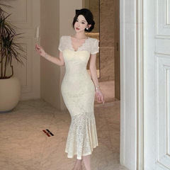 6026 越境貿易婦人服卸売東南アジアフレンチレース半袖フィッシュテール純粋な欲望の妖精スリムドレス