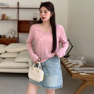 Plus Size Women's V-Neck Chinoiserie Long-Sleeved Top 2025 Summer Fat mm Loose Sun Protection Clothing Women's Blouse 22299