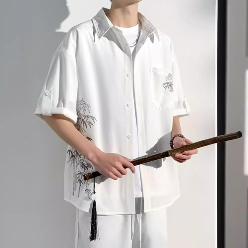 New Chinese Style 7/8 Sleeve Ice Silk Shirt for Men - Summer Trendy Brand National Style Short Sleeve Collar Shirt Loose Cool Feeling Easy to Clean Outerwear