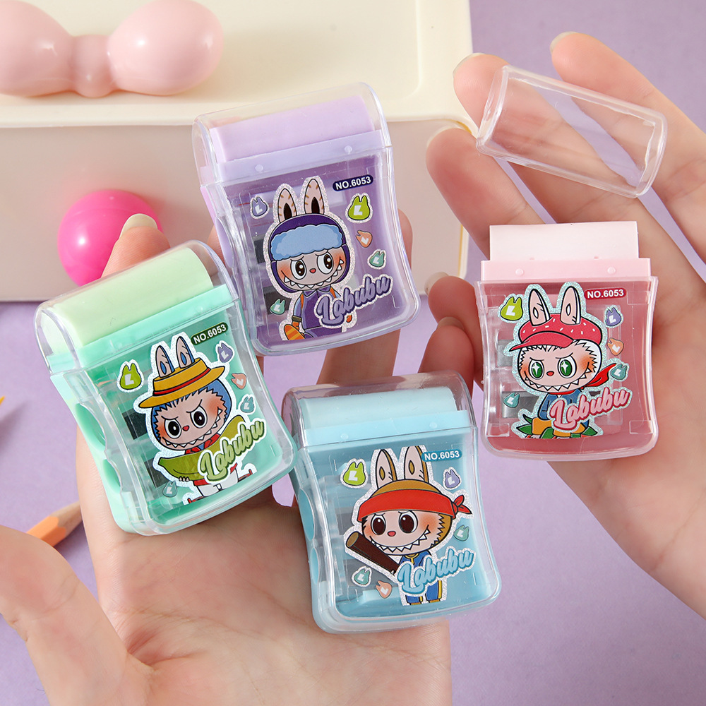 Nuevo dibujo animado de doble agujero cuchillo de lápiz lindo divertido rodillo borradora lápiz planador 2 en 1 estudiantes afilador papelería