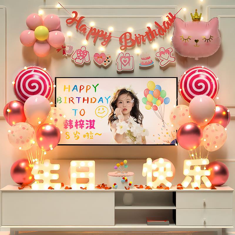 女孩女宝宝女童儿童周岁生日装饰场景布置派对背景墙电视投屏气.