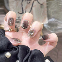 香檳水晶鑽暗黑系暈染穿戴甲短款假指甲貼片成品可拆卸顯白漸變