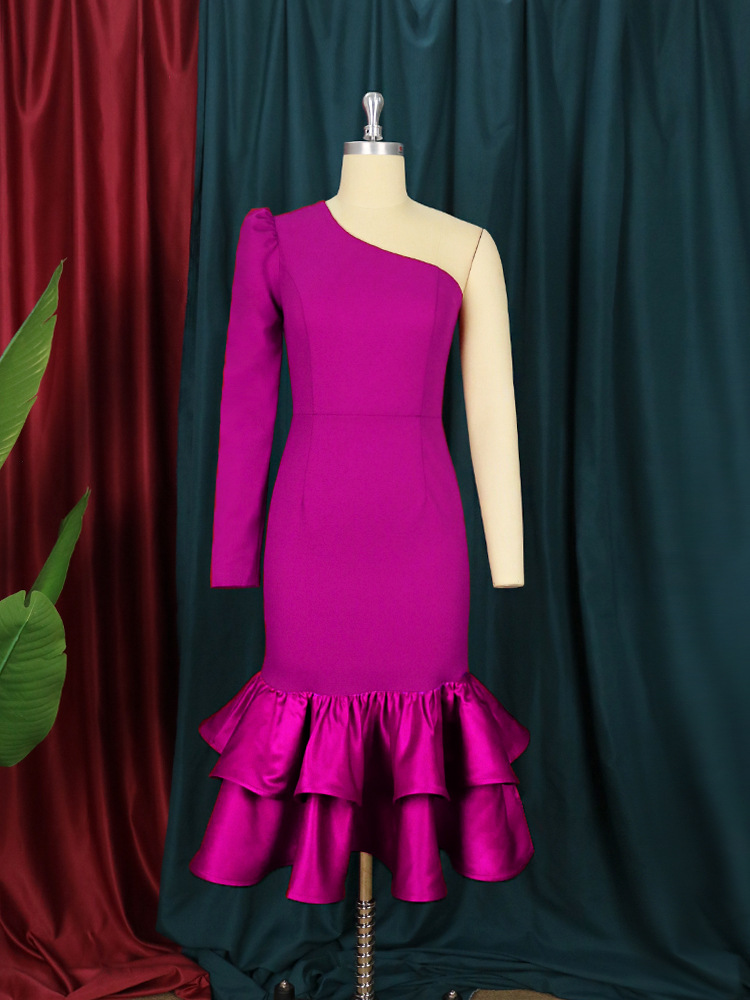 Women's Clothing Plus size women's clothing S 4XL one shoulder sexy dress ruffled one step skirt cocktail party banquet slim light dress_voghion.com
