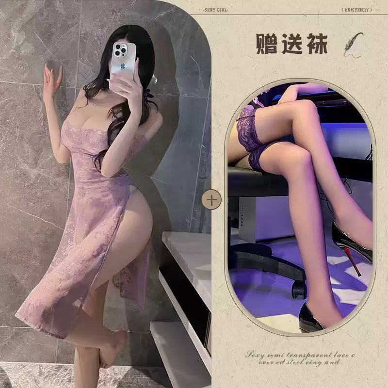 타로 보라색 롱 스커트 + T 바지 + 블랙 스타킹