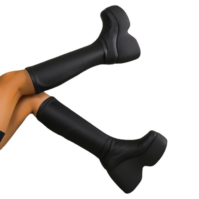 Botas de cuña de plataforma 2022 Otoño e Invierno Nuevas botas de media pantorrilla elásticas de cuero europeo y americano Botas de caballero casuales de talla grande de comercio exterior para mujer