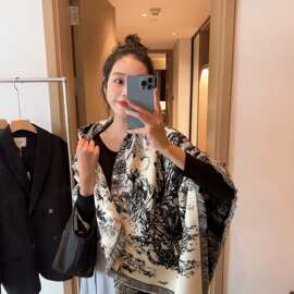 欧美时尚双面大方巾毛毯黑白花卉羊绒围巾女秋冬外披肩保暖围脖批