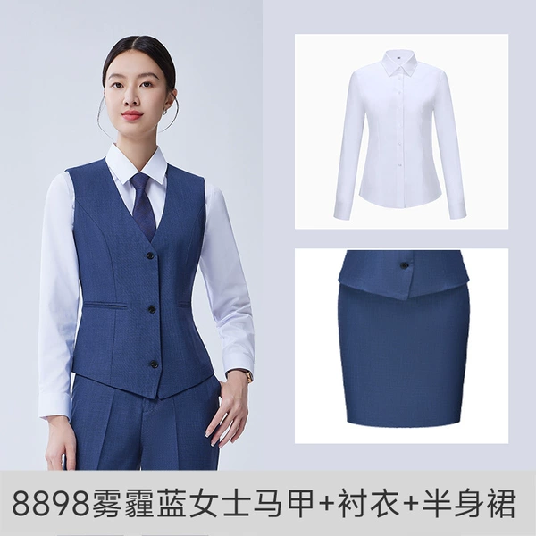 Female haze blue vest+shirt+skirt