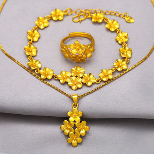 Authentic Vietnamese Shajin Lady Flower Ring Classic Bracelet Women Flower Pendant Clavicle Chain Necklace suit
