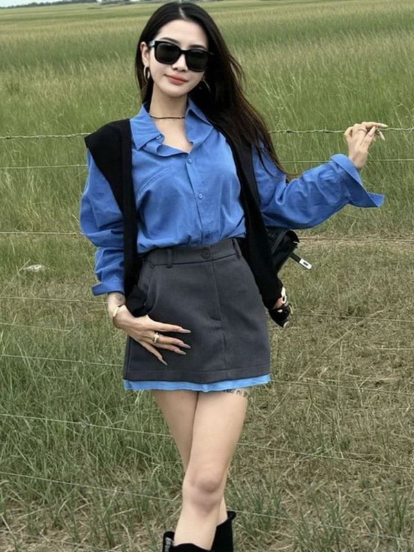 草原娜日泡菜顶制灰色蓝边西装半裙+chic格调衬衣+披肩套装女秋季|undefined