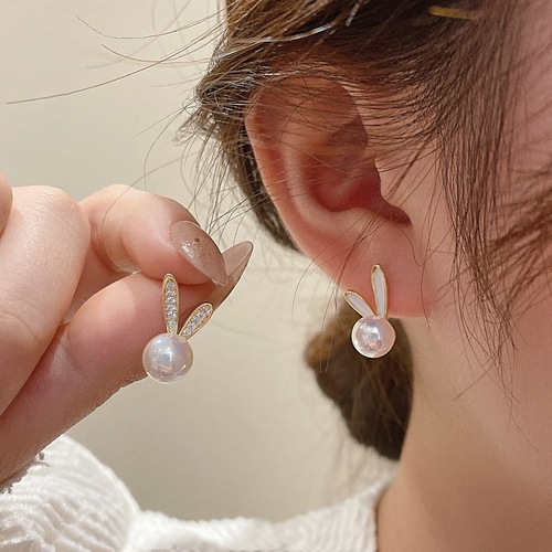 Glittering Mermaid Princess! Asymmetric Early Spring Zirconia Rabbit Ear Pin Earrings for Women -  New Trend Pearls Earrings