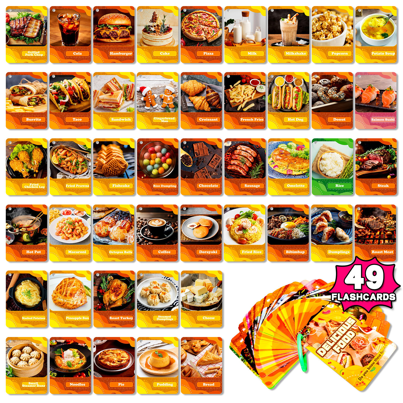 49 cards/bag realistic food recognition baby enlightenment education cards parent-child children's early education intelligence development educational cards