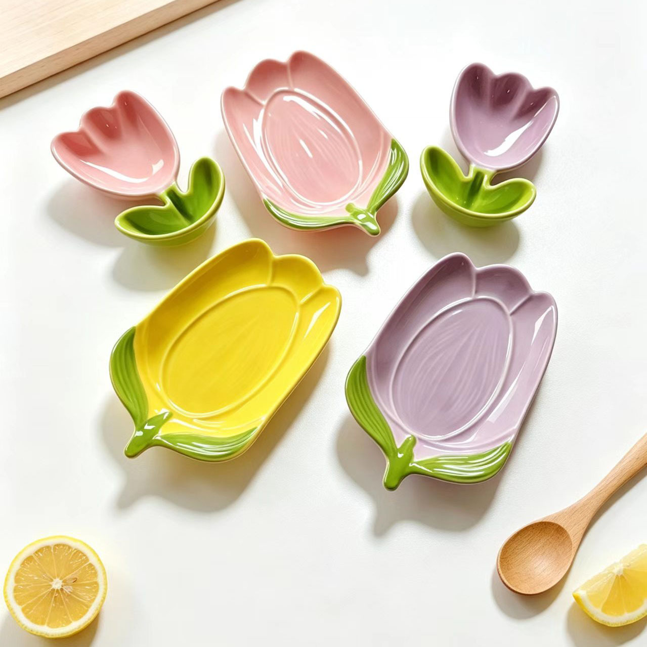 Cross-border tulip small ceramic dessert plate and bowl set, personalized home tableware, salad bowl with spoon rest
