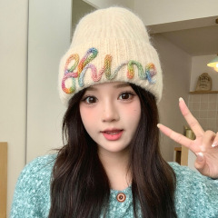 韩版彩色字母针织帽子女冬季加厚保暖防寒帽显脸小大头围护耳冷帽