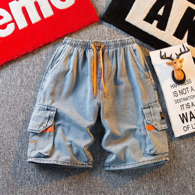 HPCP pantalones cortos de mezclilla con herramientas japonesas para hombres, pantalones casuales de 5 puntos para hombres de la marca de moda ins High Street, pantalones sueltos de 5 puntos