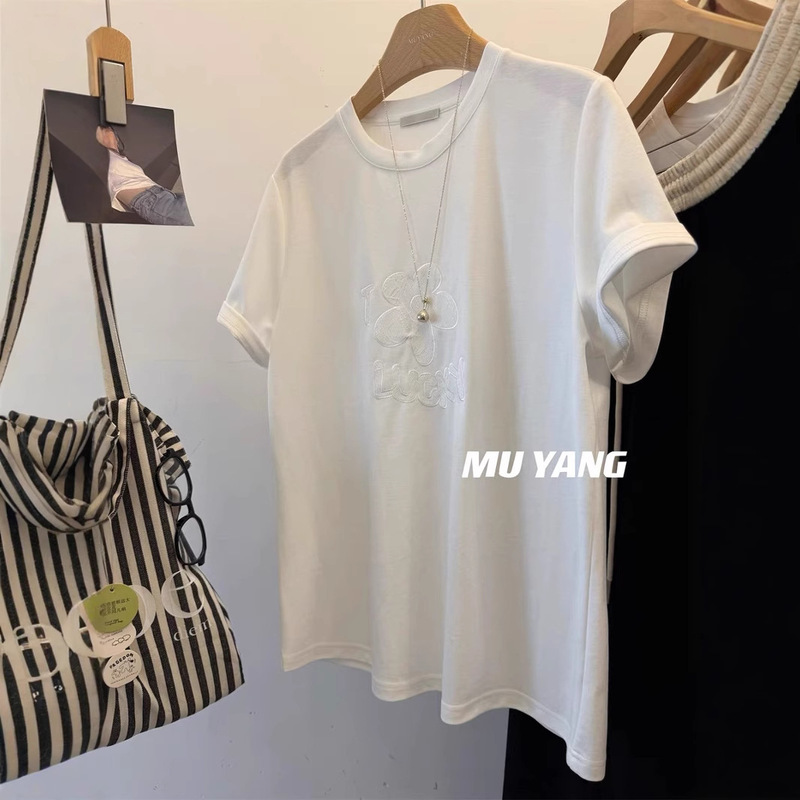 MUYANG little flower control tee! South Korea Lace Flower Short-sleeved T-shirt Women's 2025 Spring New Casual Top