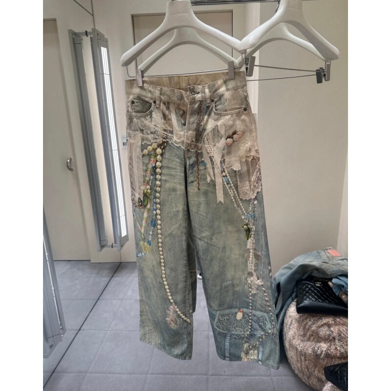 "Distinct Market" 26Ss Summer/High-End Line Jennie Lace Pearl Digital 3D Print Jeans for Women "Distinct Market" 26Ss Summer/High-End Line Jennie Lace Pearl Digital 3D Print Jeans for Women