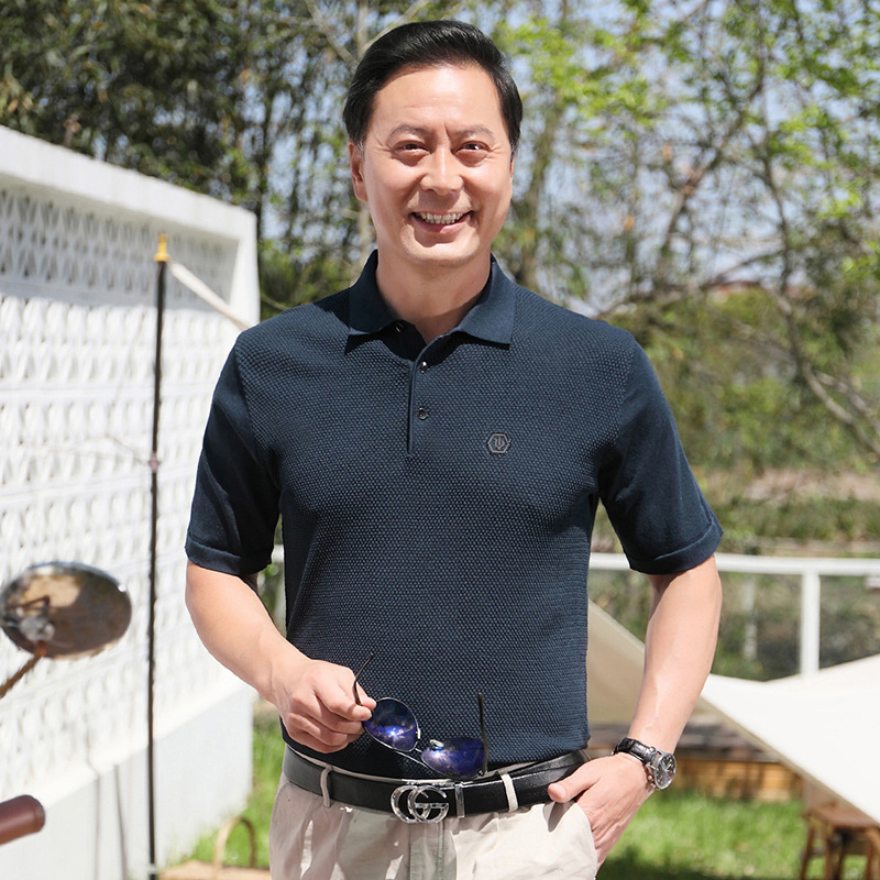 Camiseta de manga corta de seda de hielo de verano de papá camiseta de solapa de hombre de mediana edad suelta camisa de fondo de hombre de mediana edad y anciano