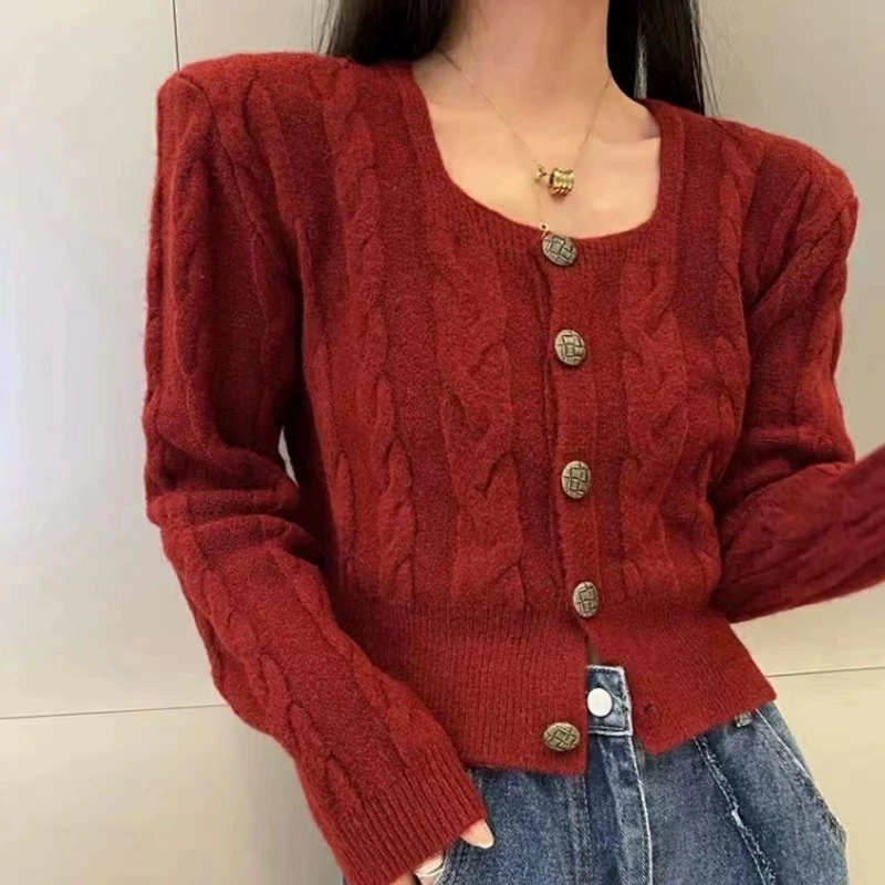 Свитер женский 2023 Twist с квадратным воротником Свободный Тонкий Осень Новый академический стиль нишевый дизайн вязаный кардиган женский