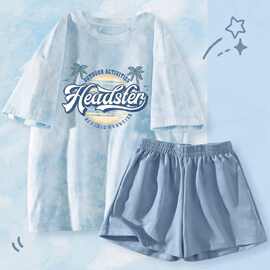 扎染短裤套装睡衣夏天女少年高中生外穿显瘦短裤套装两件套中性风
