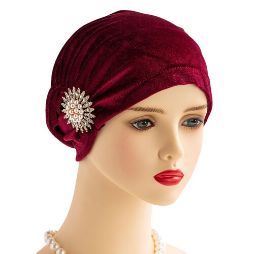 New Elegant Retro Korean Fleece Fabric Sparkling Pearl Sunflower Head Scarf Hat for Church Muslim Women Winter