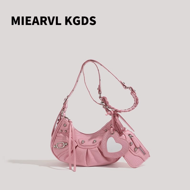 2026 New Motorcycle-Style Underarm Bag for Women, Pleated Crescent Bag with Rivets and Tassels, Three-In-One Shoulder and Crossbody Bag for Women