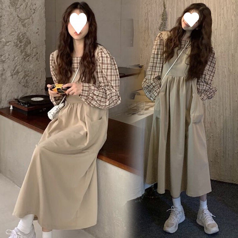 孕妇秋装套装新款韩版宽松时尚格子衬衫休闲背带裙春秋小众两件套|undefined